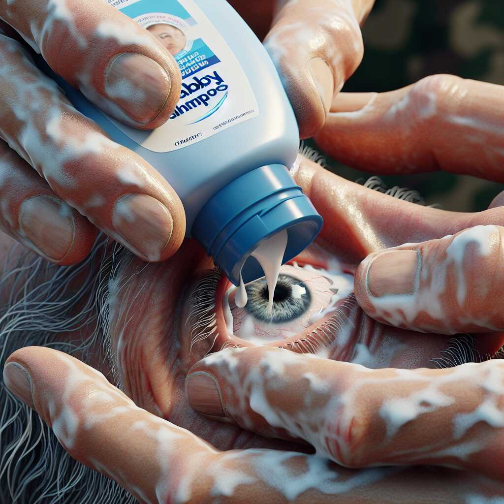 hands rinsing eyes with baby shampoo outdoors