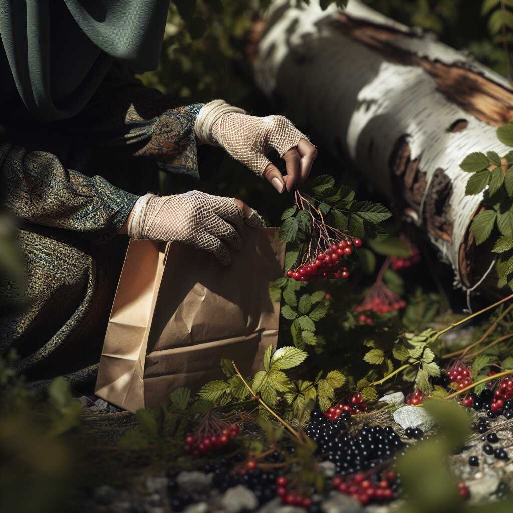 paper bag collecting wild berries while foraging