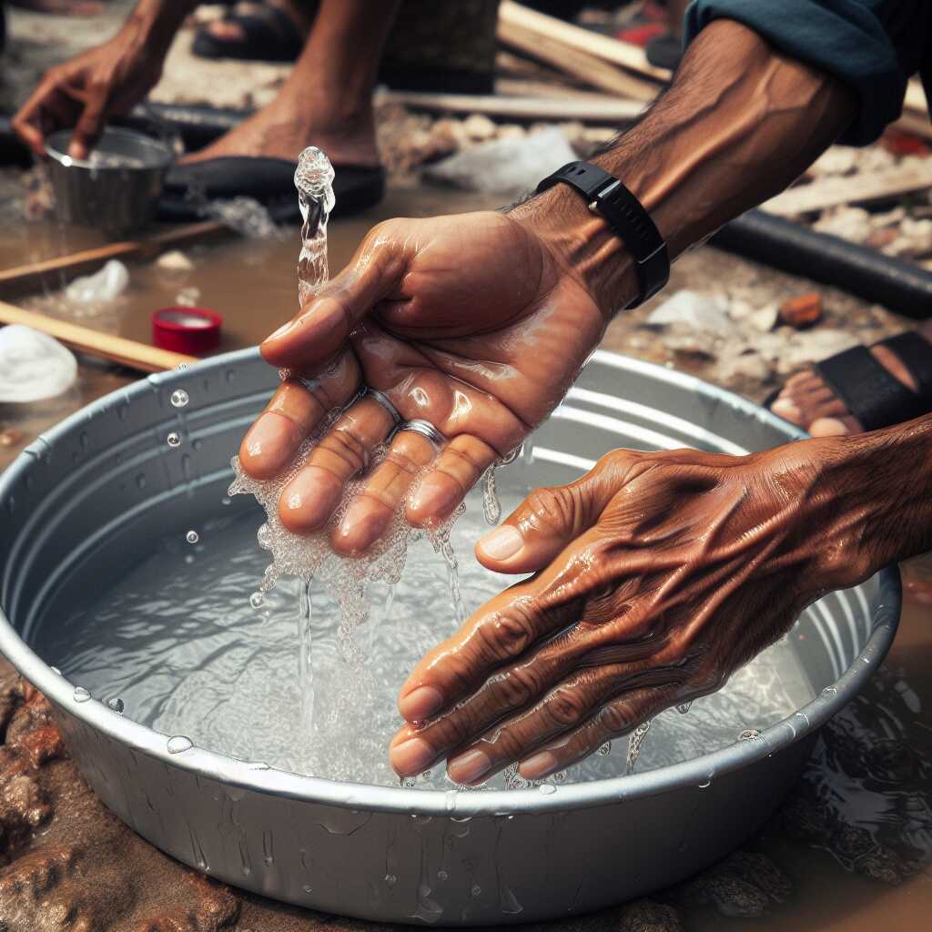 hands washing face in cake pan basin