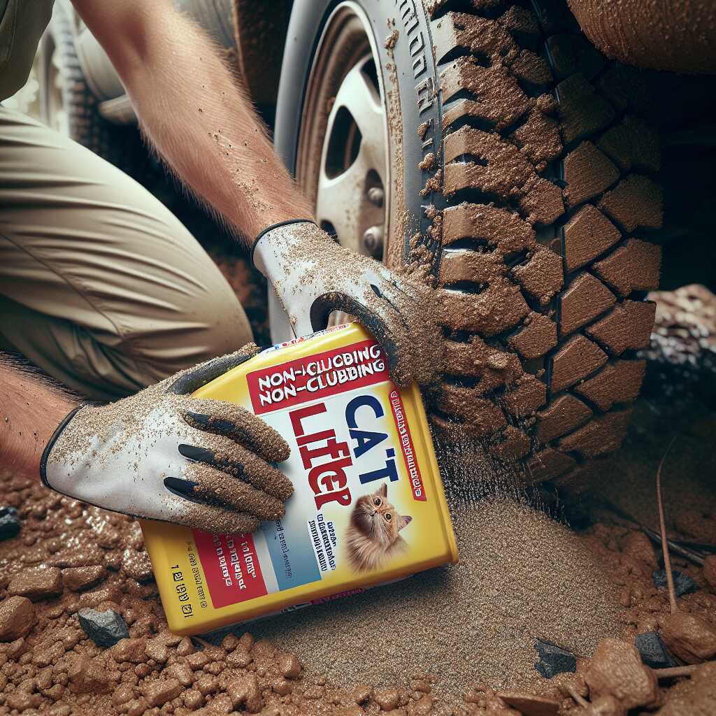 hands spreading cat litter under tire for traction