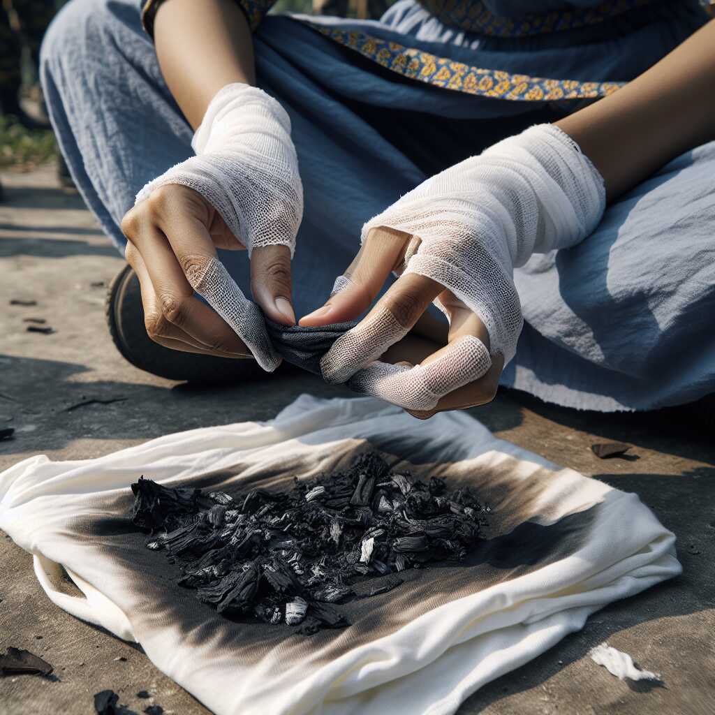 hands making char cloth from white cotton shirt
