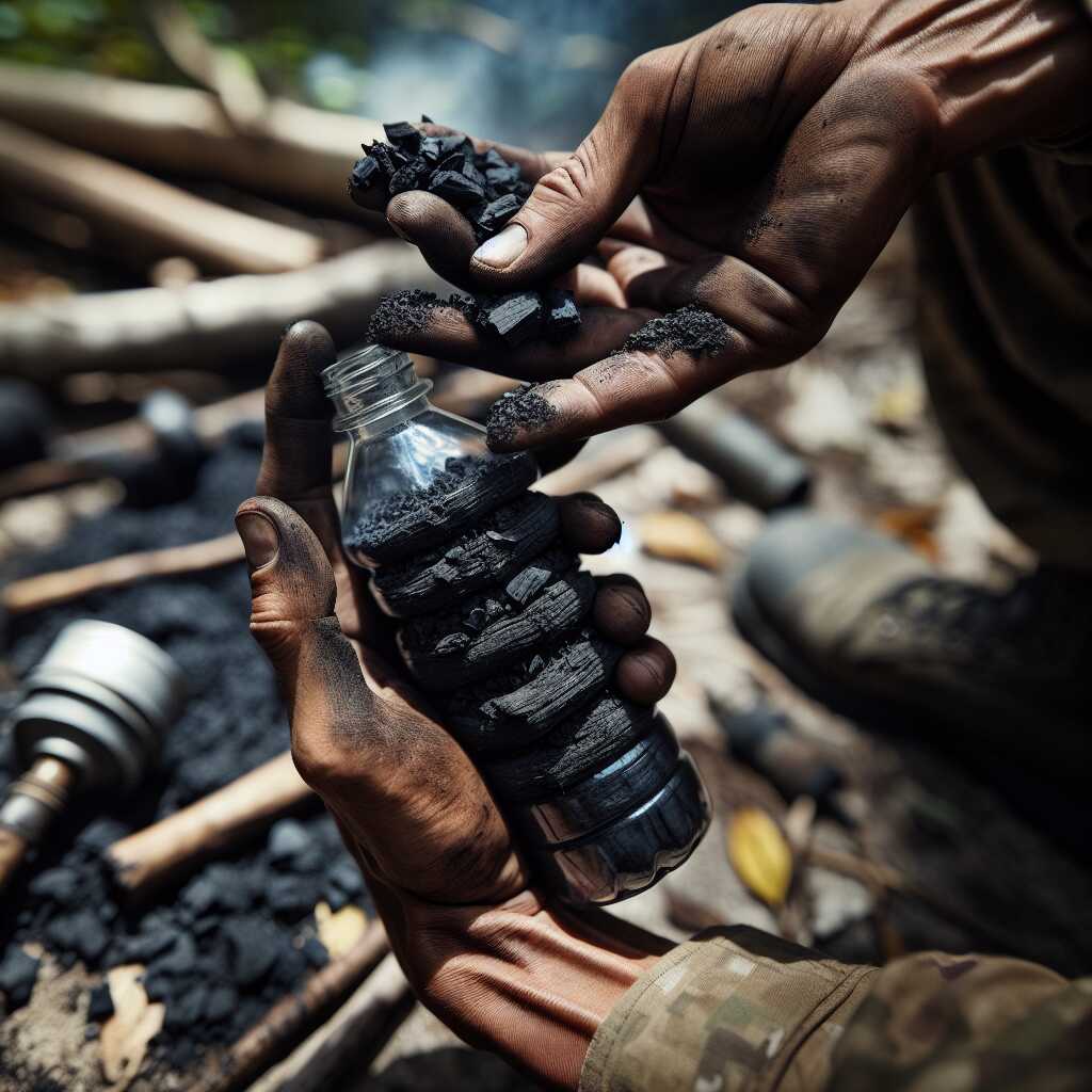 hands building charcoal water filter outdoors