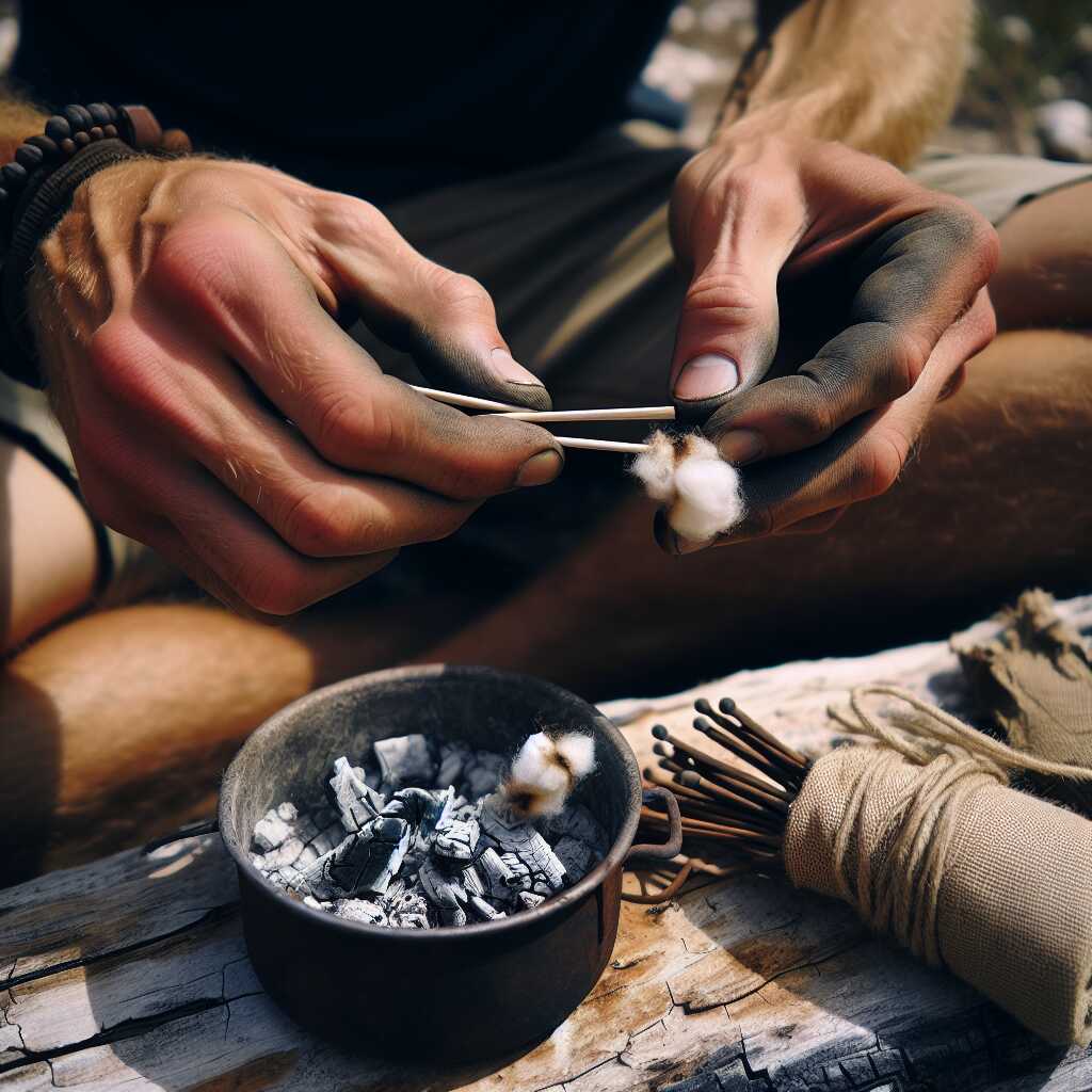charred cotton pot holder catching a spark