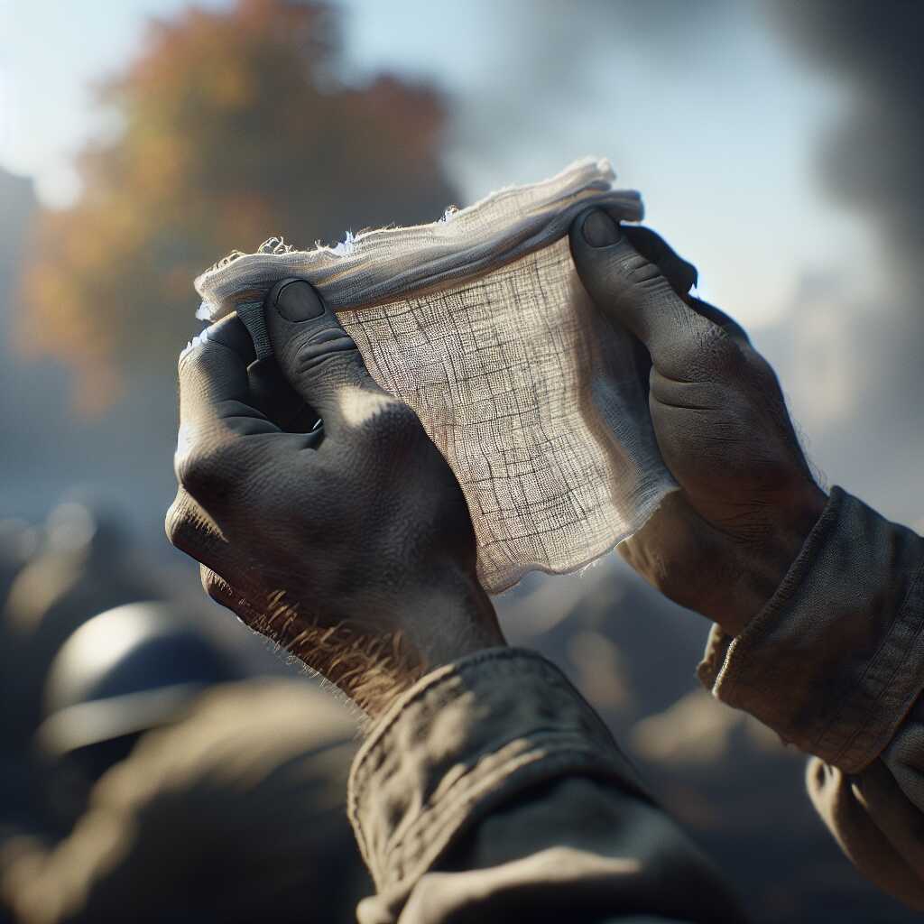 hands covering face with cheesecloth for smoke