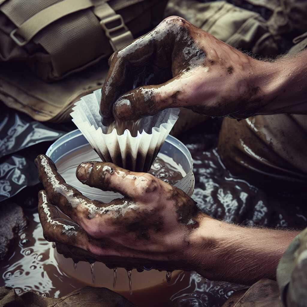 hands filtering muddy water with coffee filter