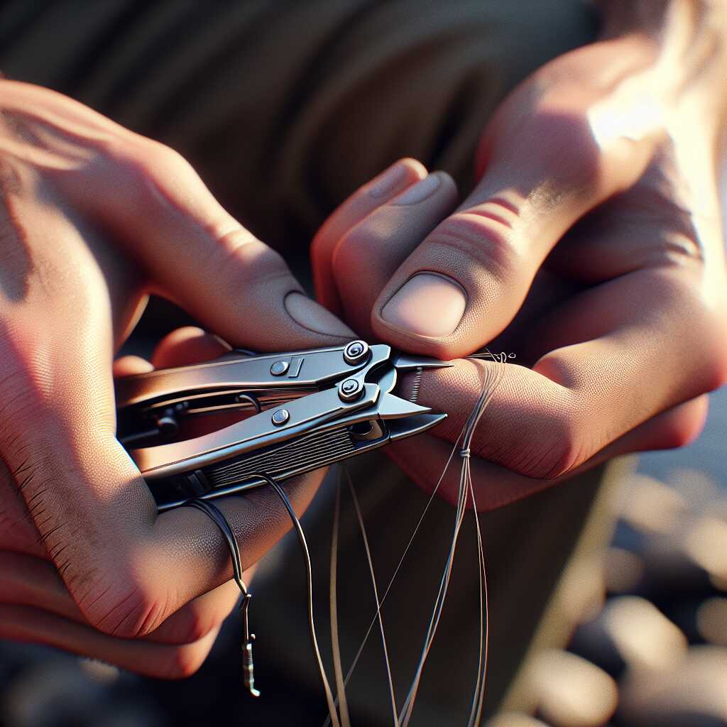 small nail clippers cutting fishing line outdoors