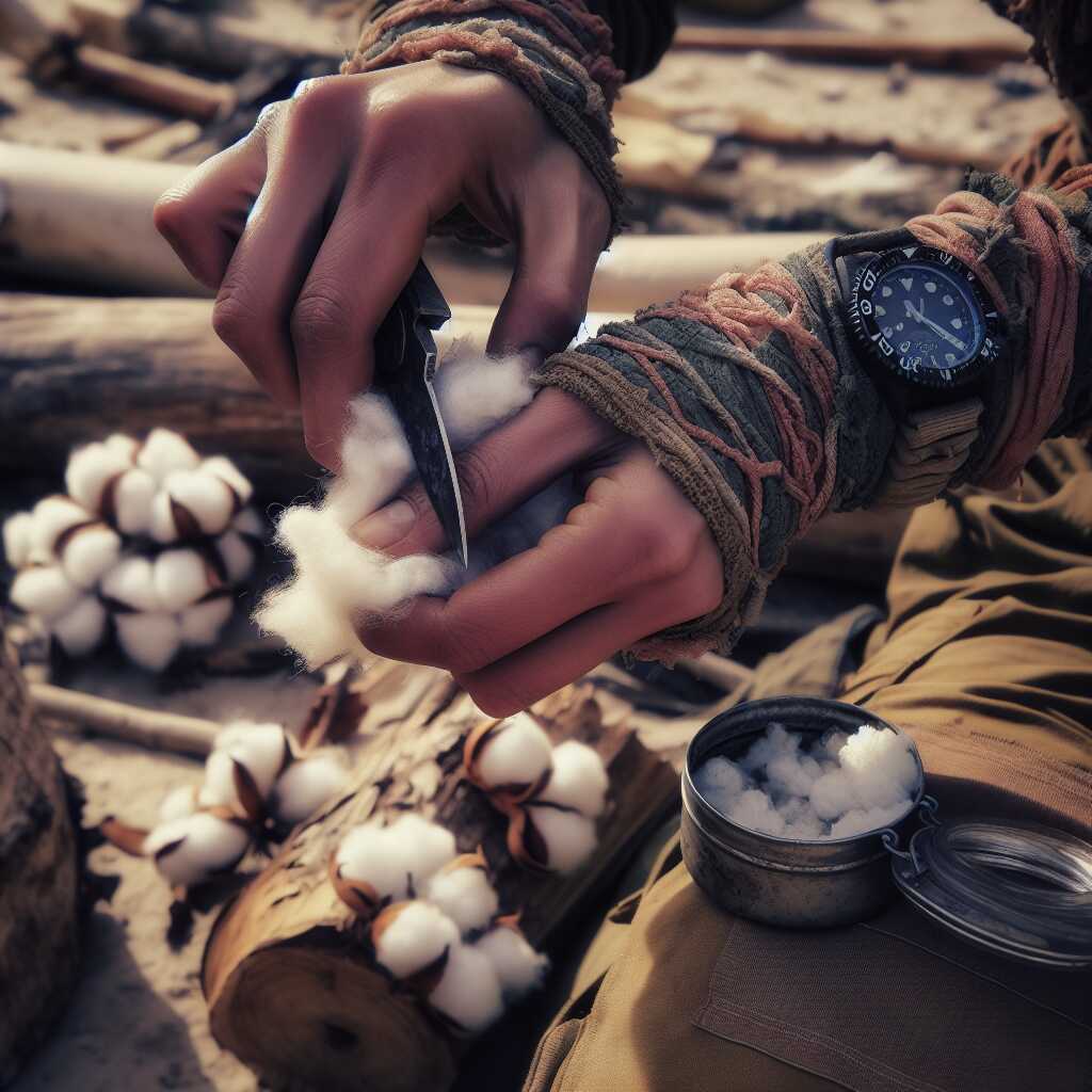 hands tearing cotton ball for fire tinder