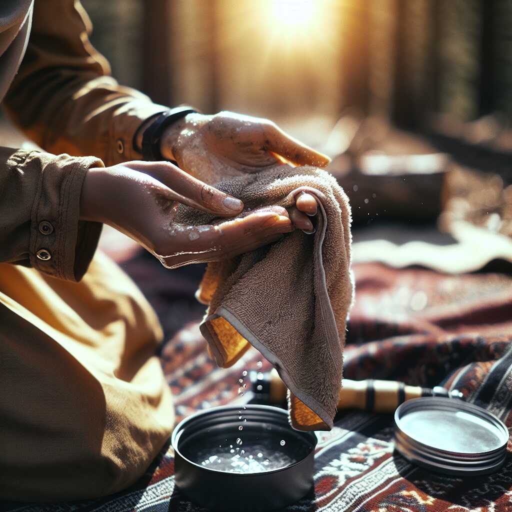 microfiber towel collecting dew outdoors for drinking