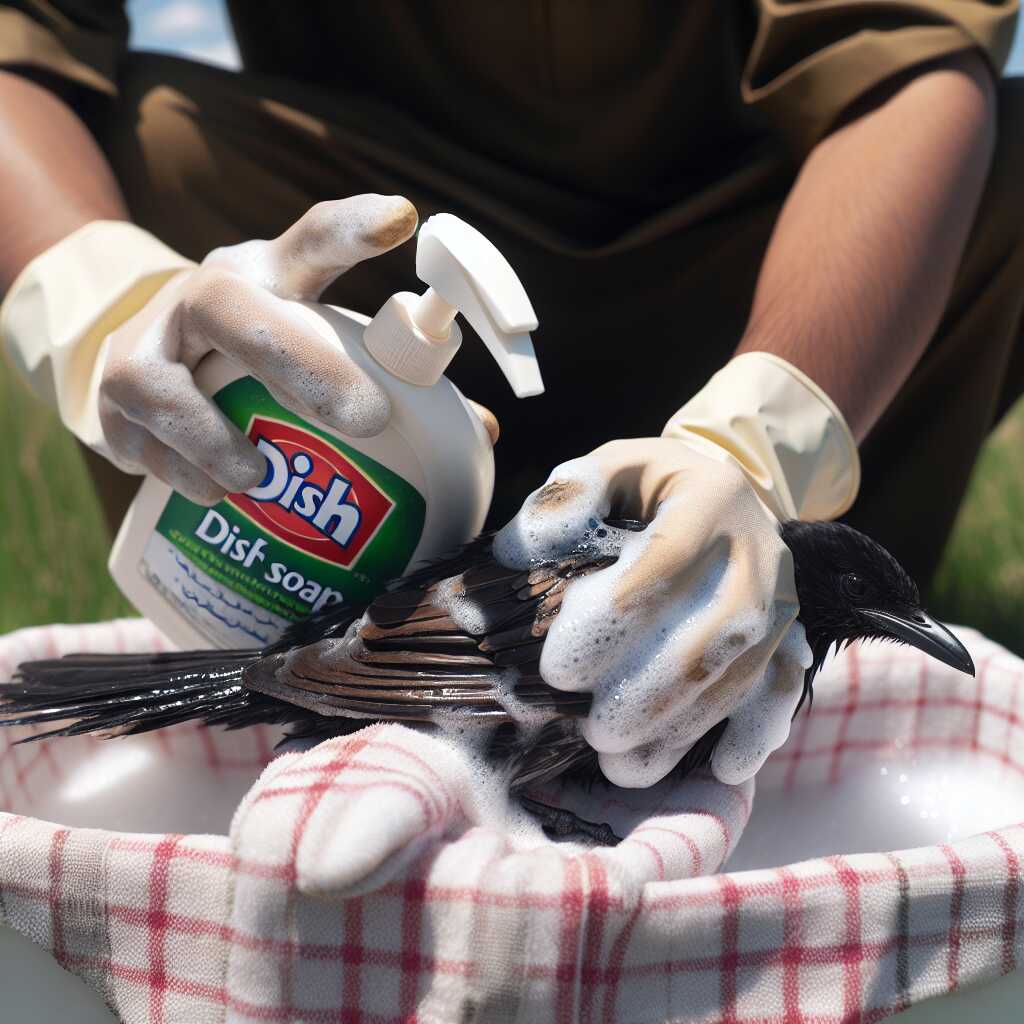 hands washing oiled bird with dish soap