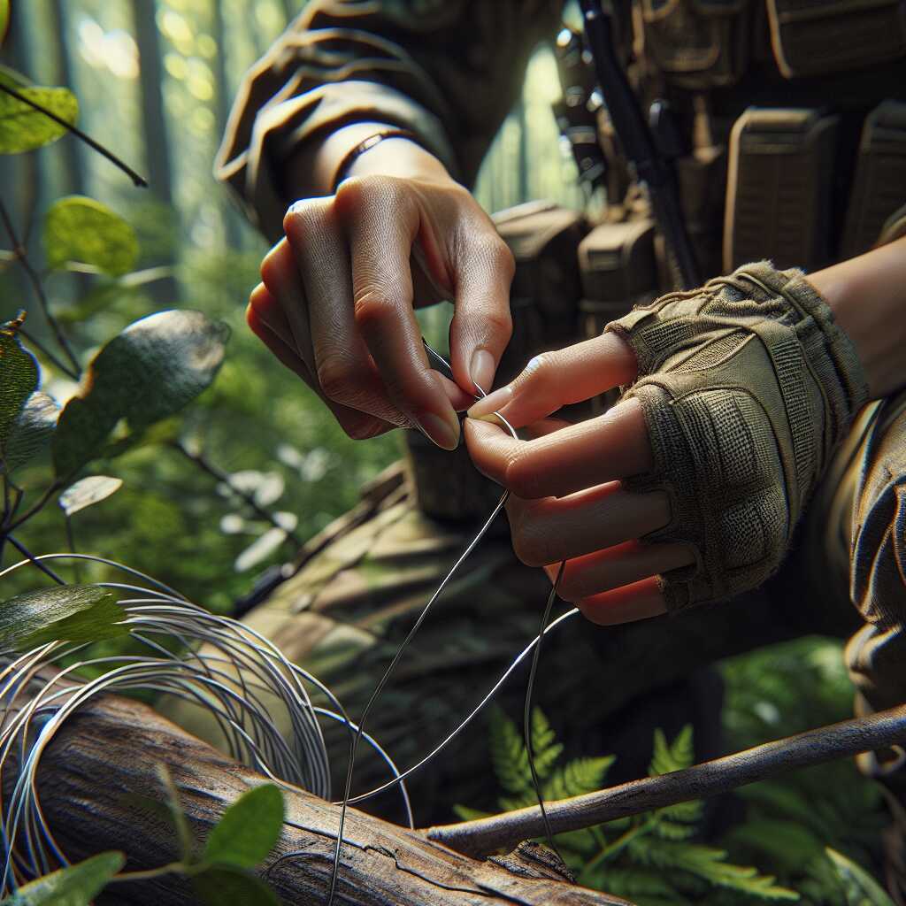 hands making trip wire alarm with earbud wire