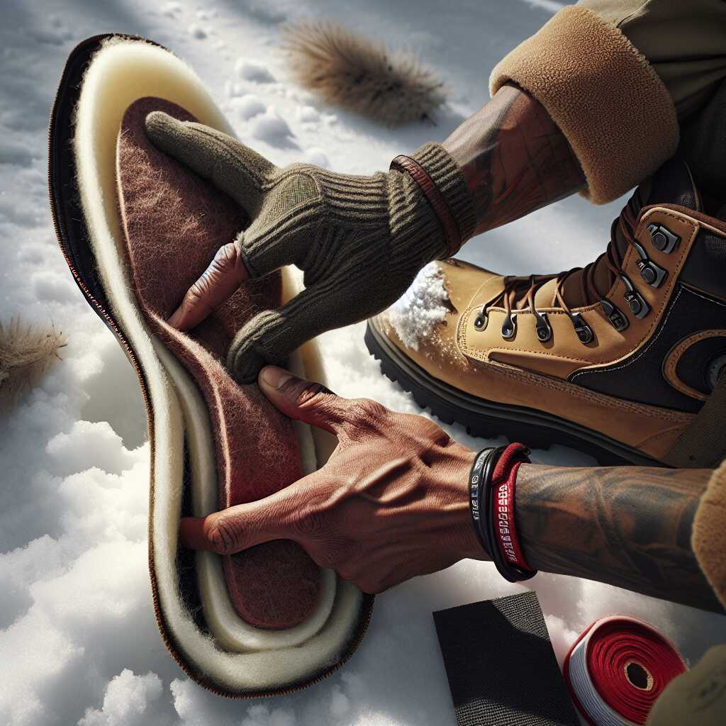 wool felt insole placed inside winter boot