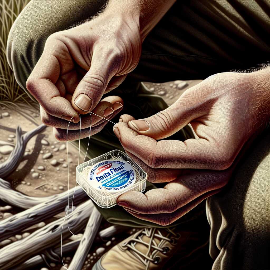 hands tying dental floss fishing line in wilderness