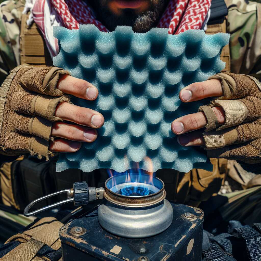 hands placing foam windscreen around camping stove