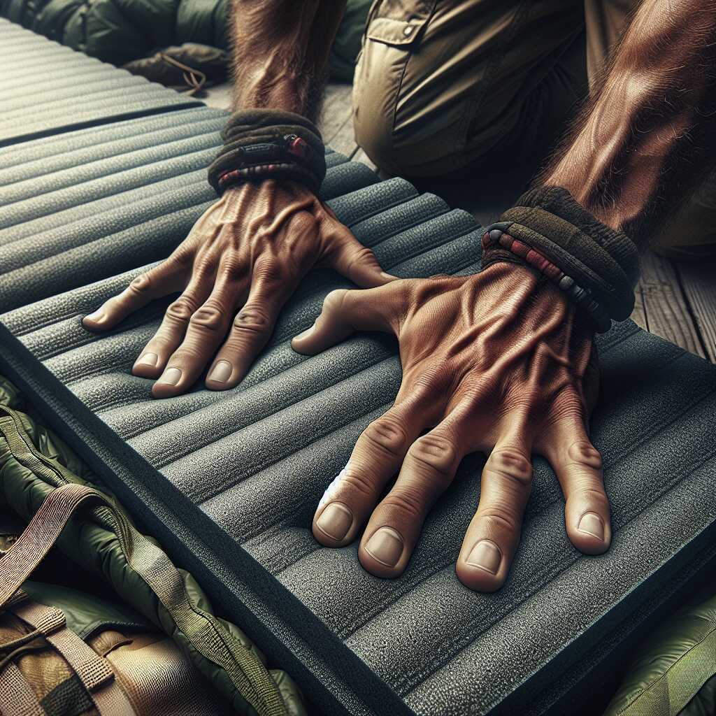 hands placing foam yoga mat under sleeping bag
