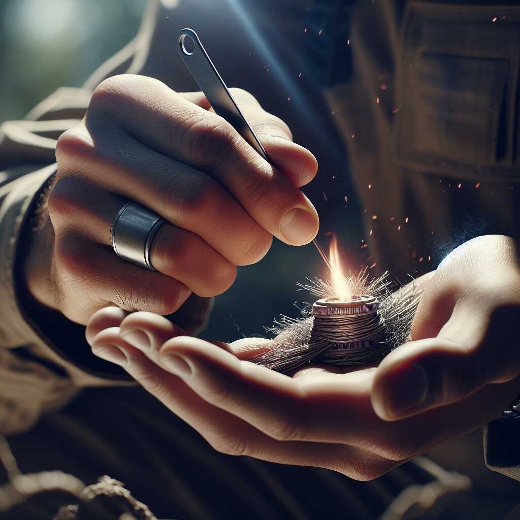 hands starting fire with steel wool and battery