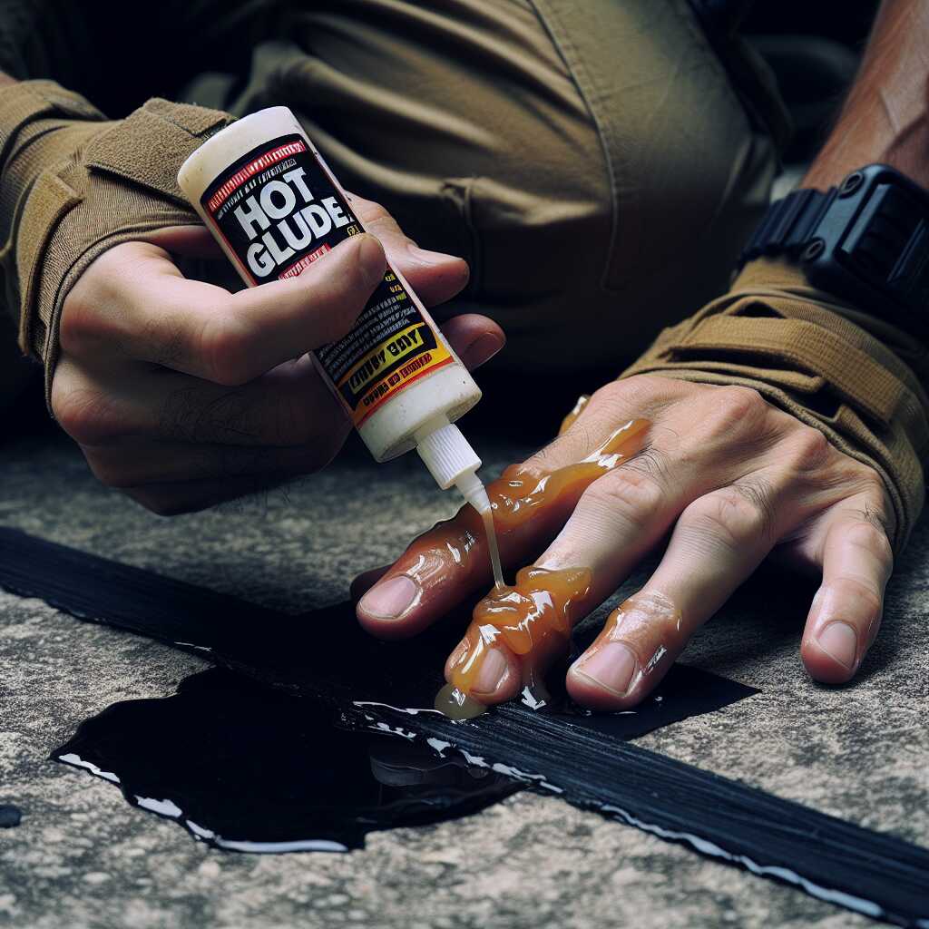 hands applying hot glue to seal outdoor leak