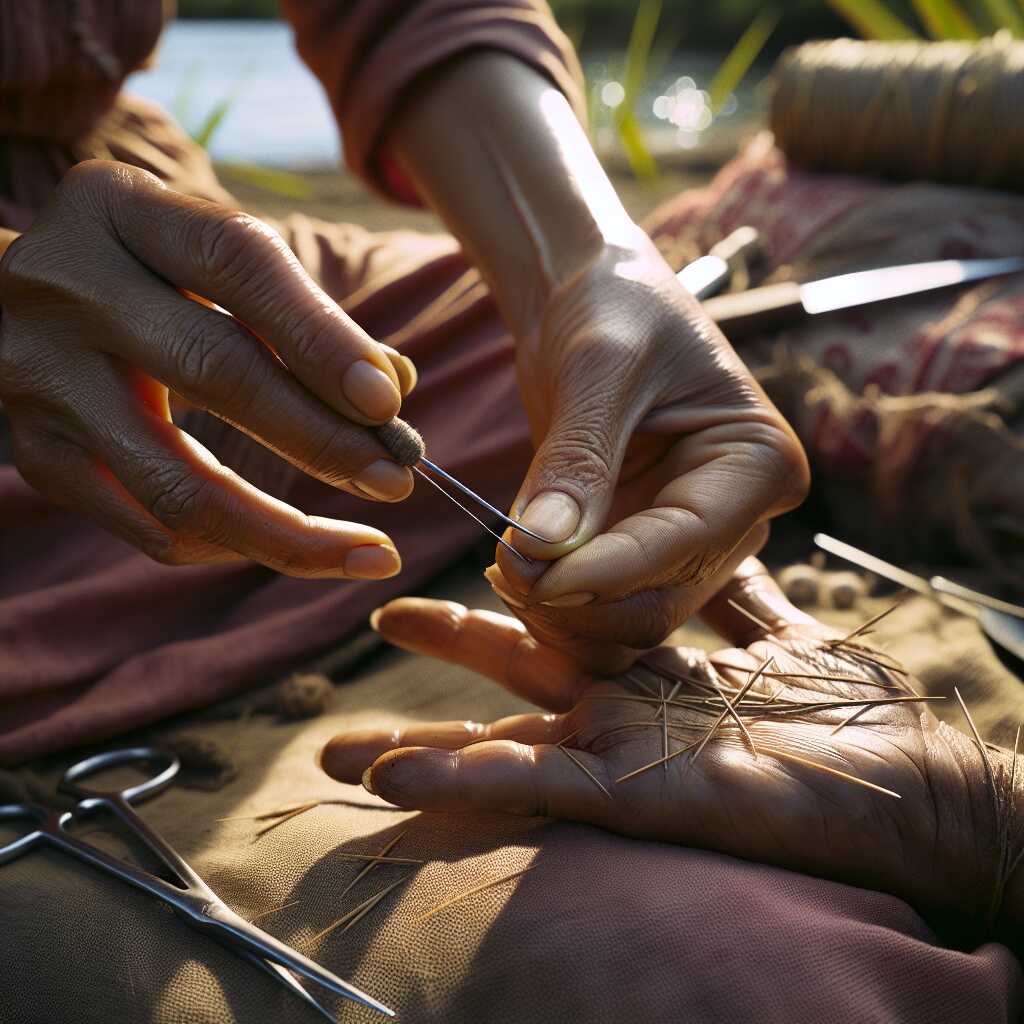 hands using large eye needle to remove splinter