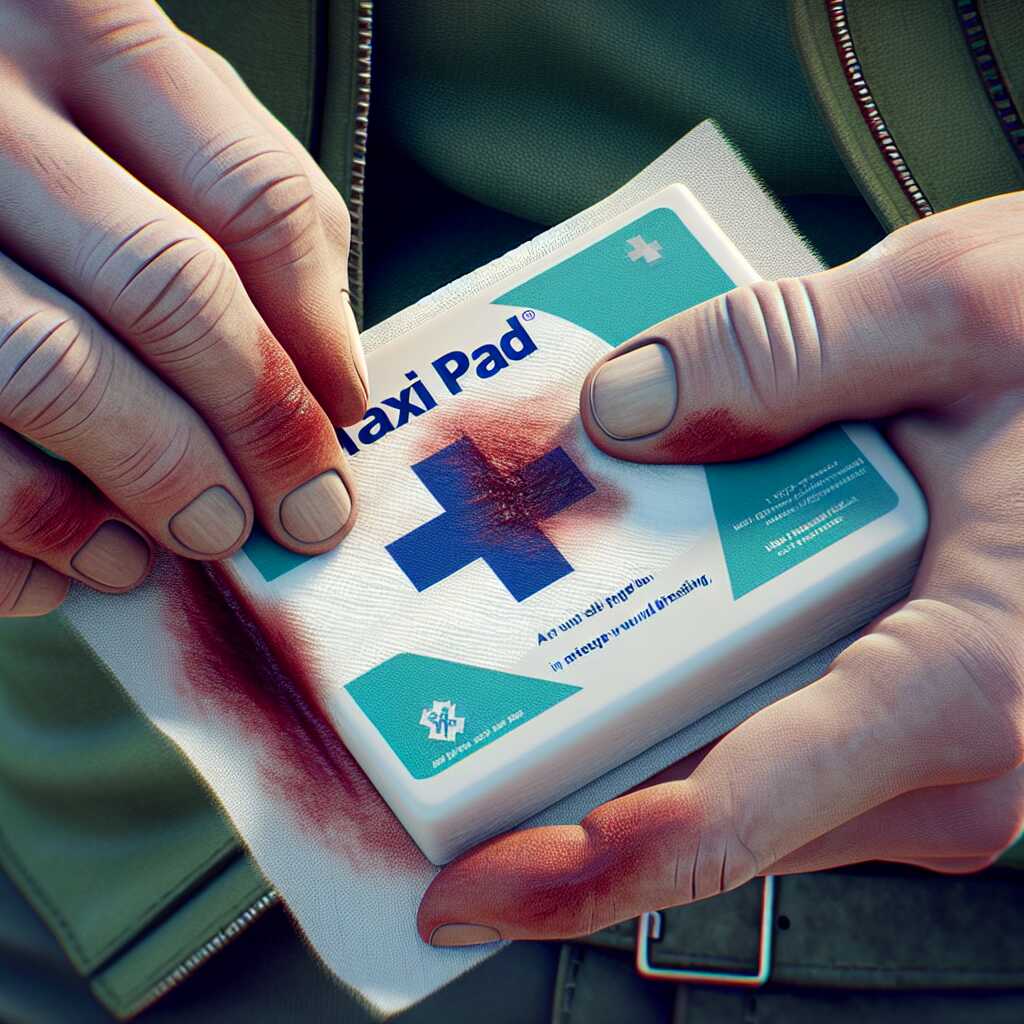 apply maxi pad to bleeding wound outdoors