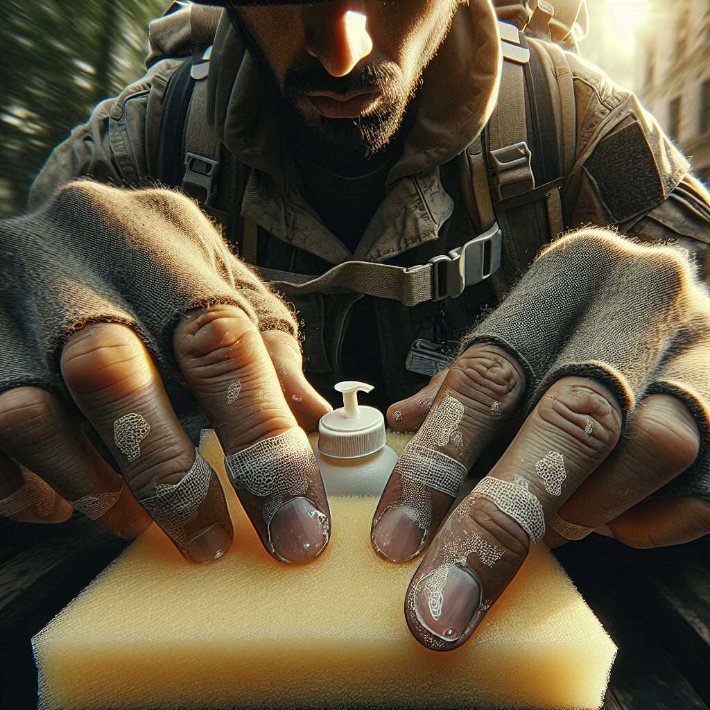 collect morning dew with sponge outdoors