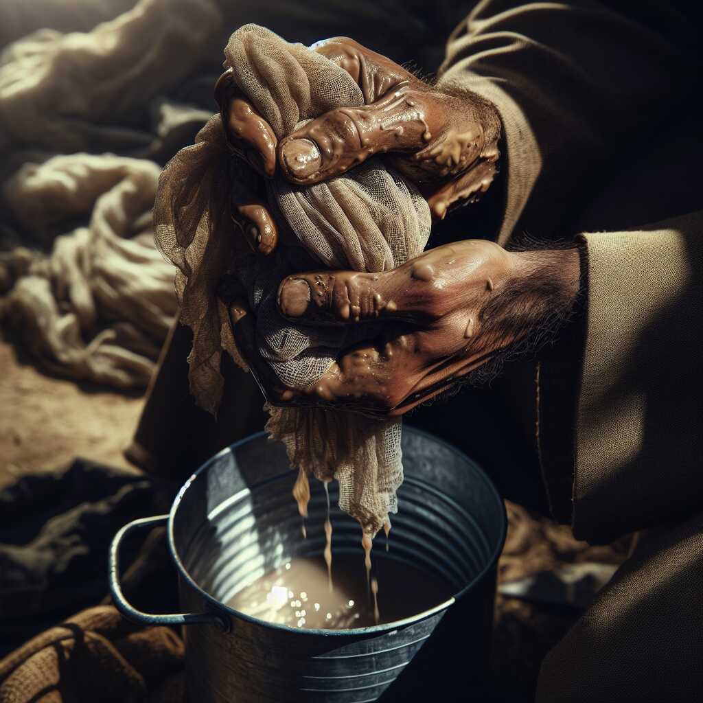 hands filtering muddy water with muslin cloth