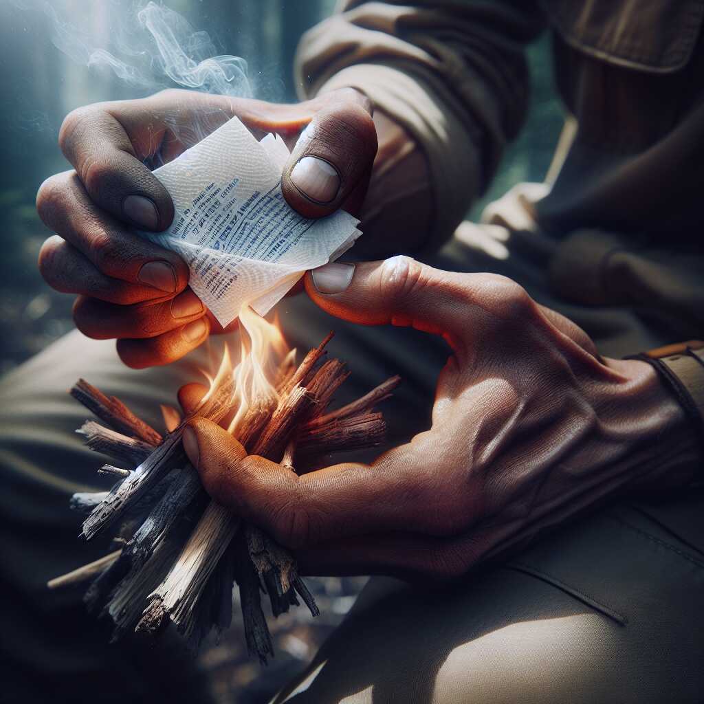 hands lighting paper napkin for quick fire