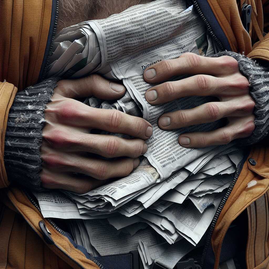 hands stuffing newspaper into jacket for warmth
