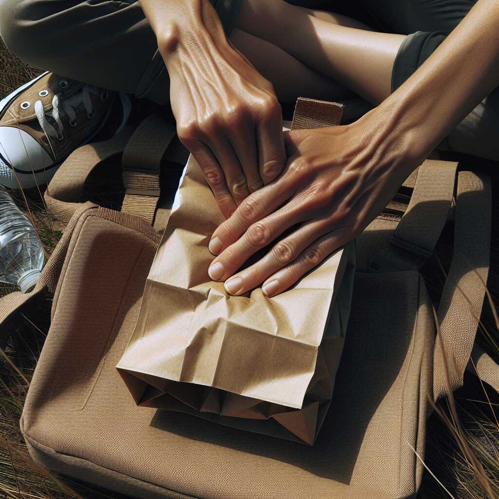 person cupping paper bag over mouth nose