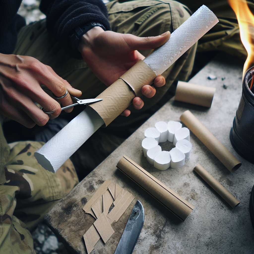 hands building paper towel tube rocket stove