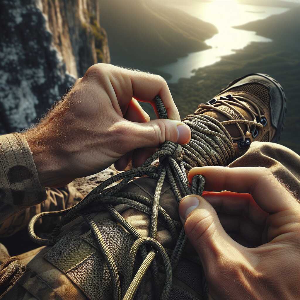 hands tying paracord shoelace for emergency rappel