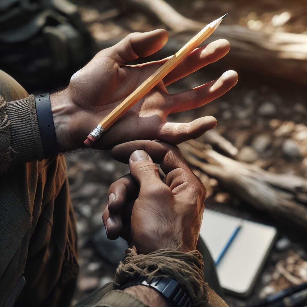 hands inspecting pencil for use as arrow shaft