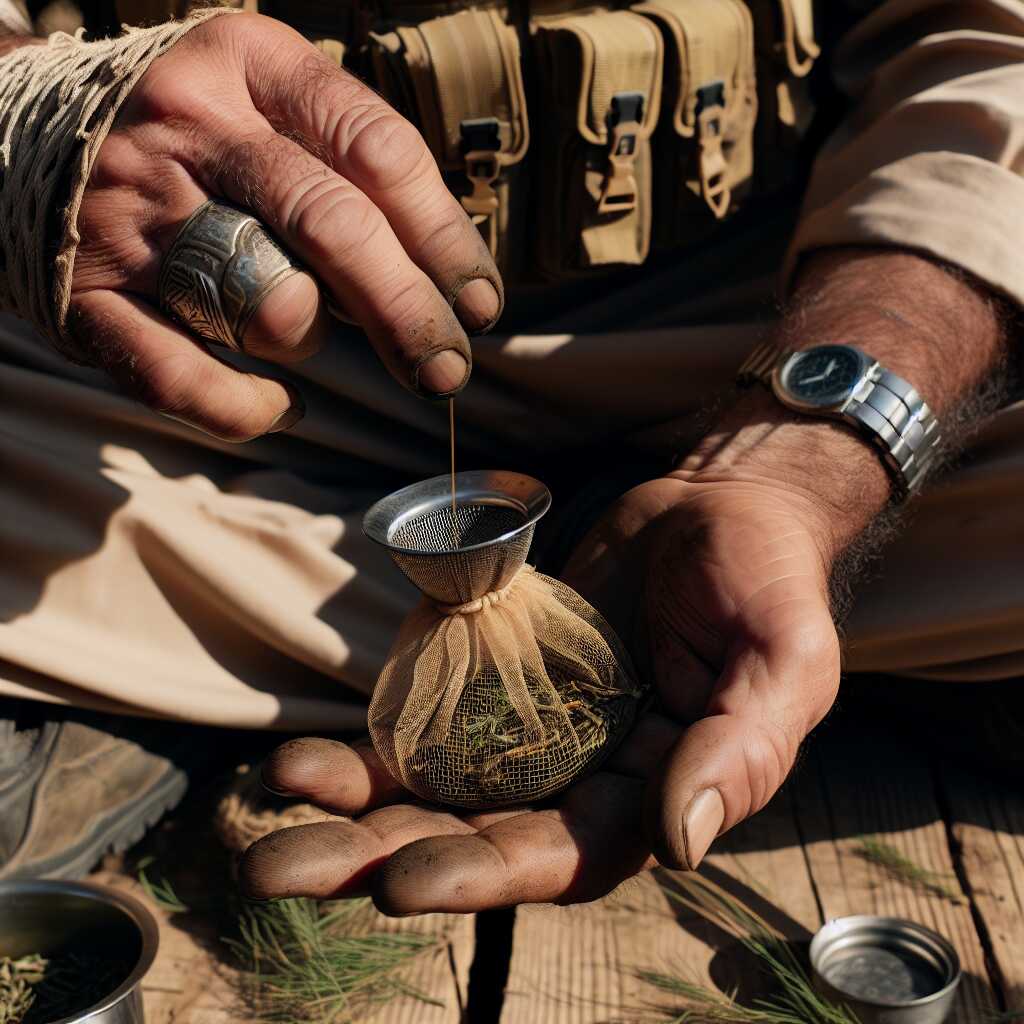 hands using tea ball to brew pine needle tea