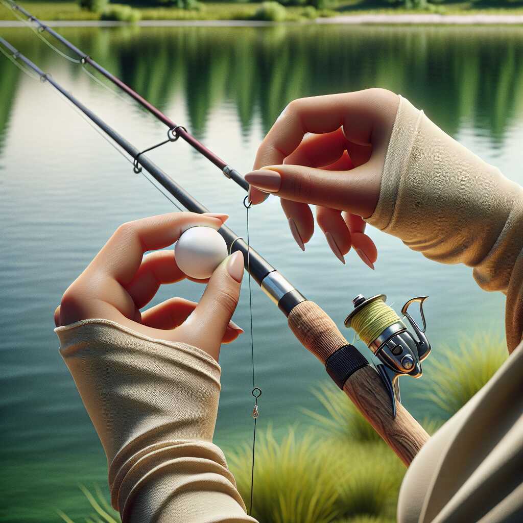 hands tying ping pong ball bobber on line