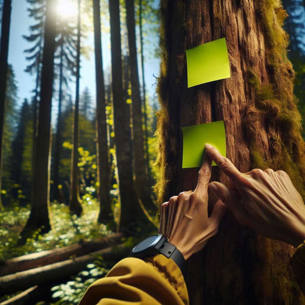 hands placing bright Post It trail markers