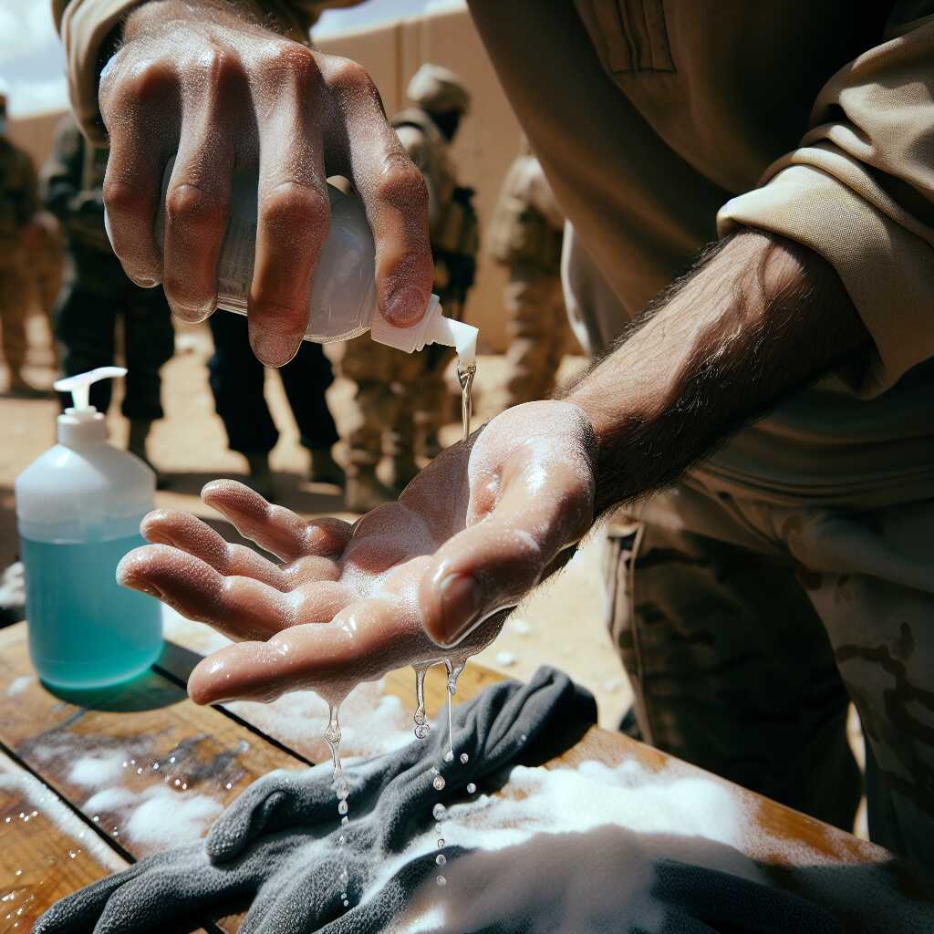 hands washing with powdered detergent in field