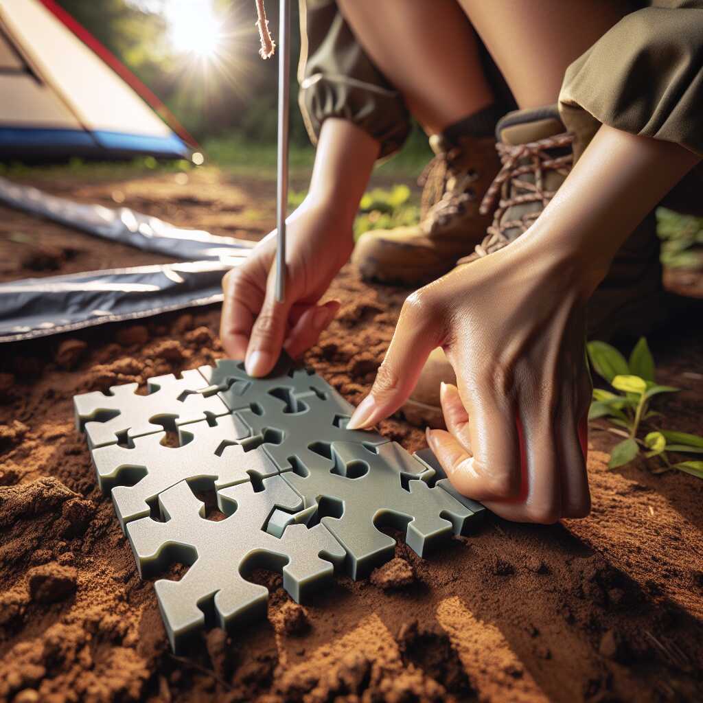 hands placing interlocking camping shims under tent