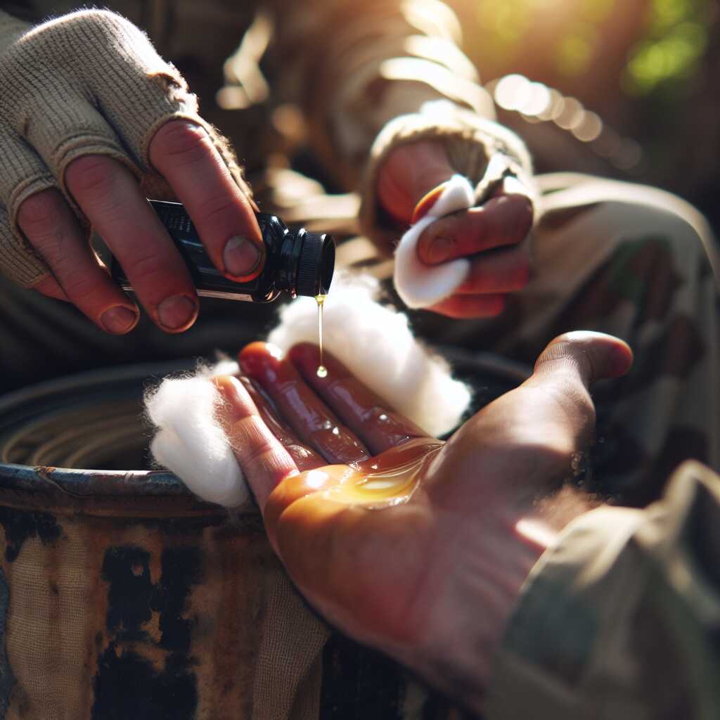 hands removing tree sap with oil