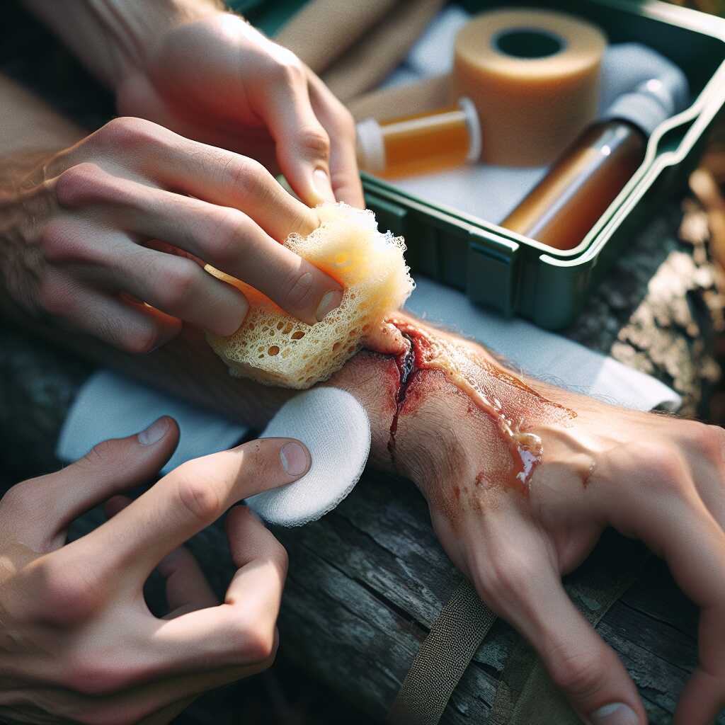 hands using sea sponge to clean wound