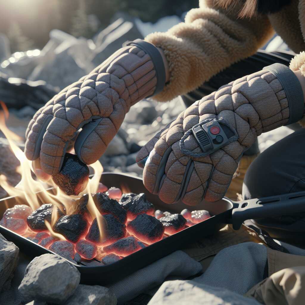 silicone oven mitts handling hot rocks outdoors