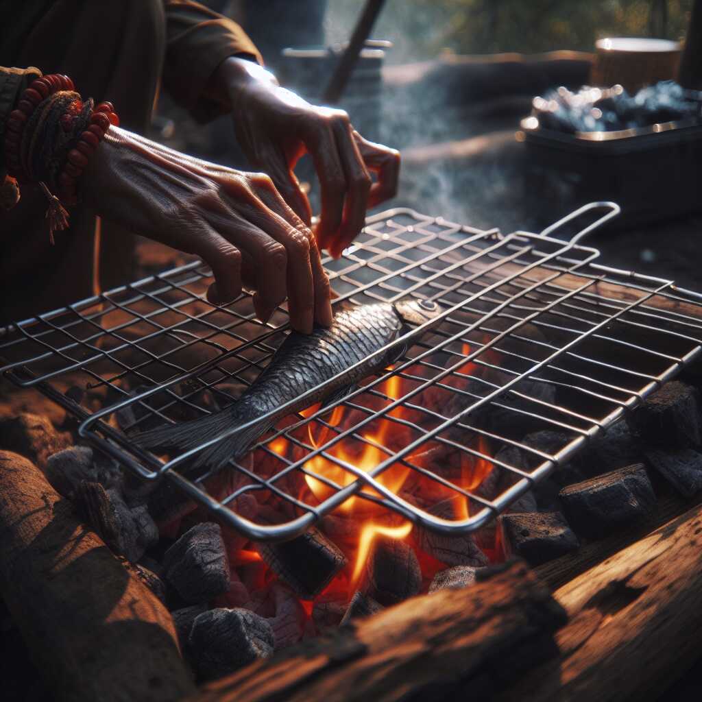 hands placing wire rack over hardwood coals