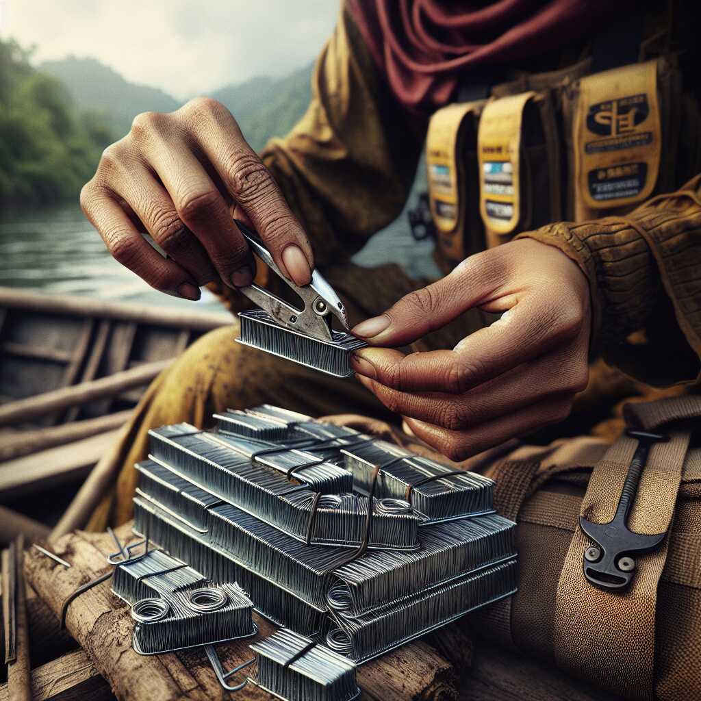 hands making fishing weight from metal staples