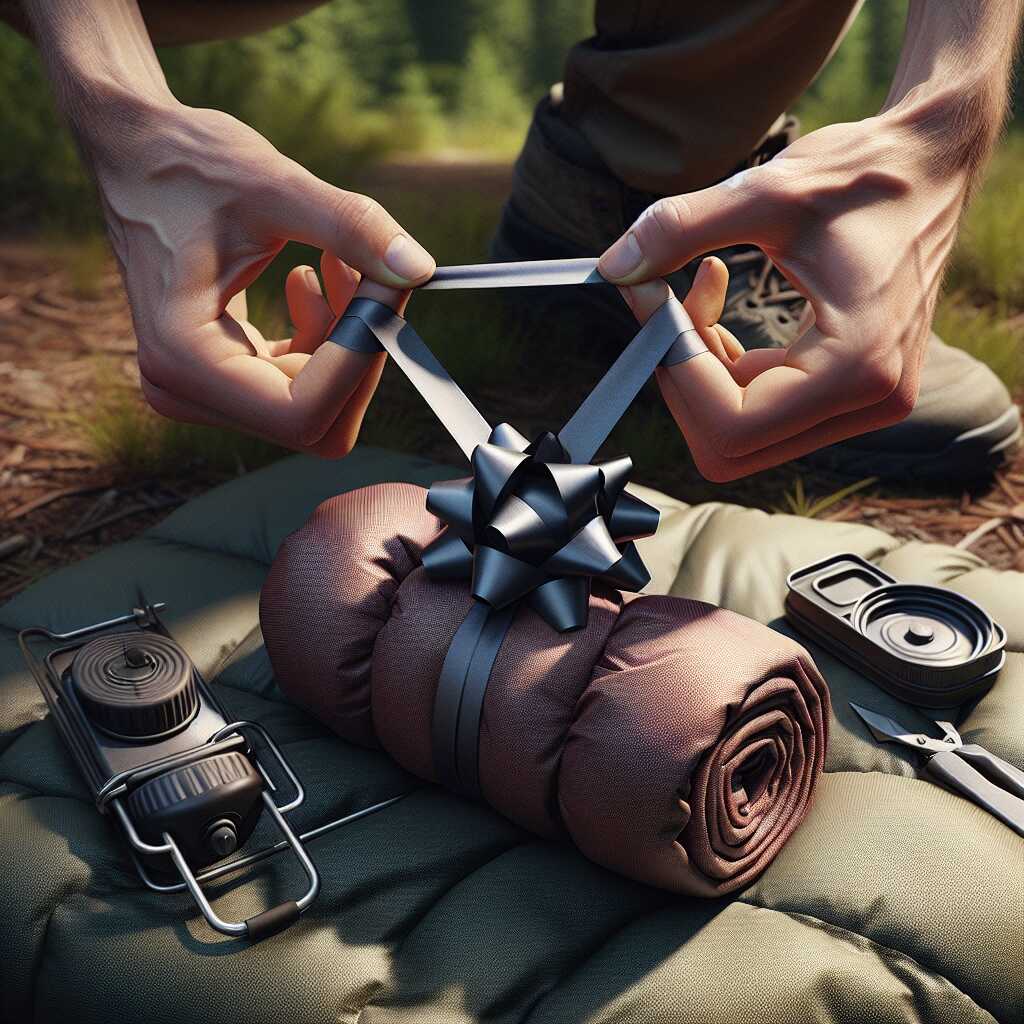 hands using elastic gift bow to secure gear