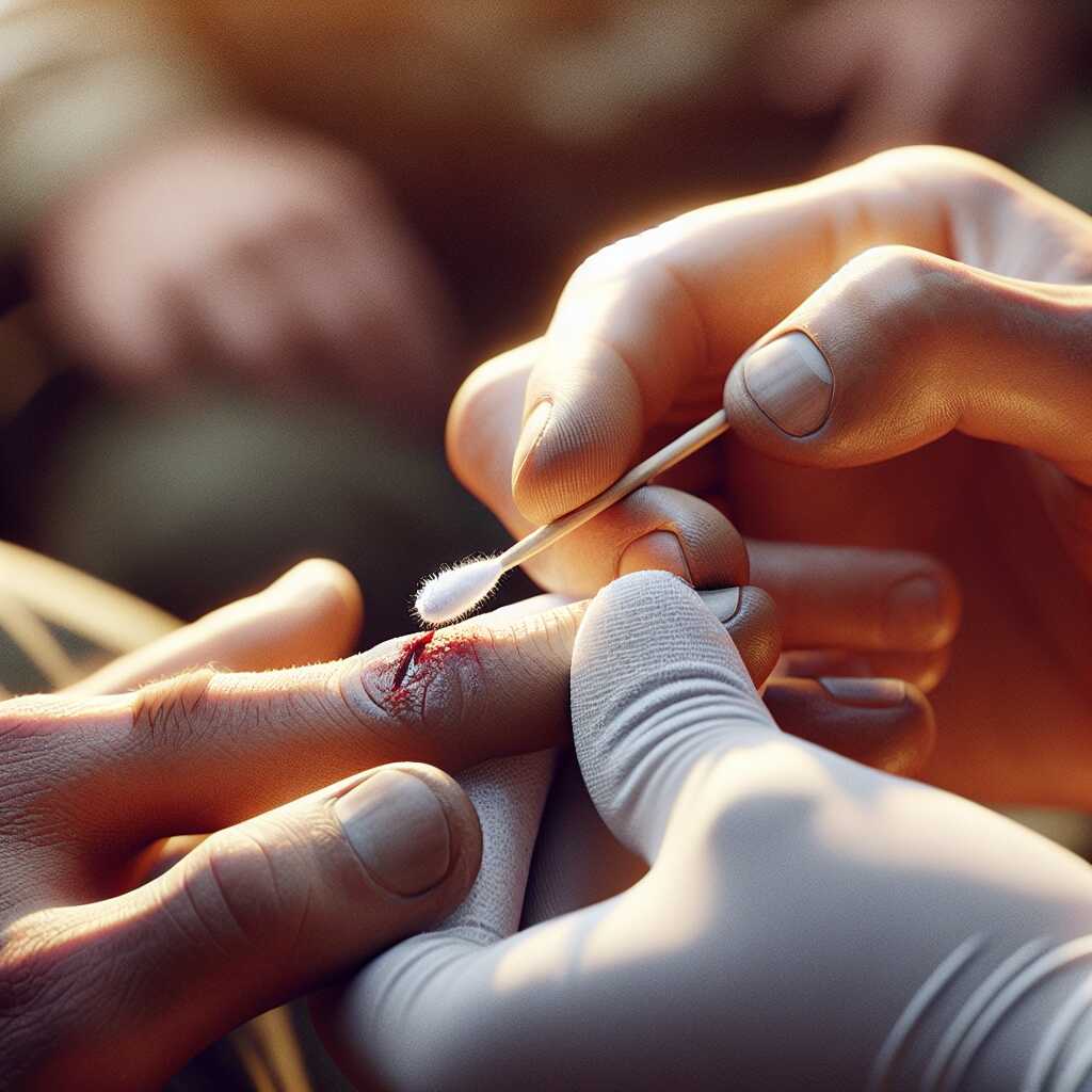 hands cleaning puncture wound with cotton swab