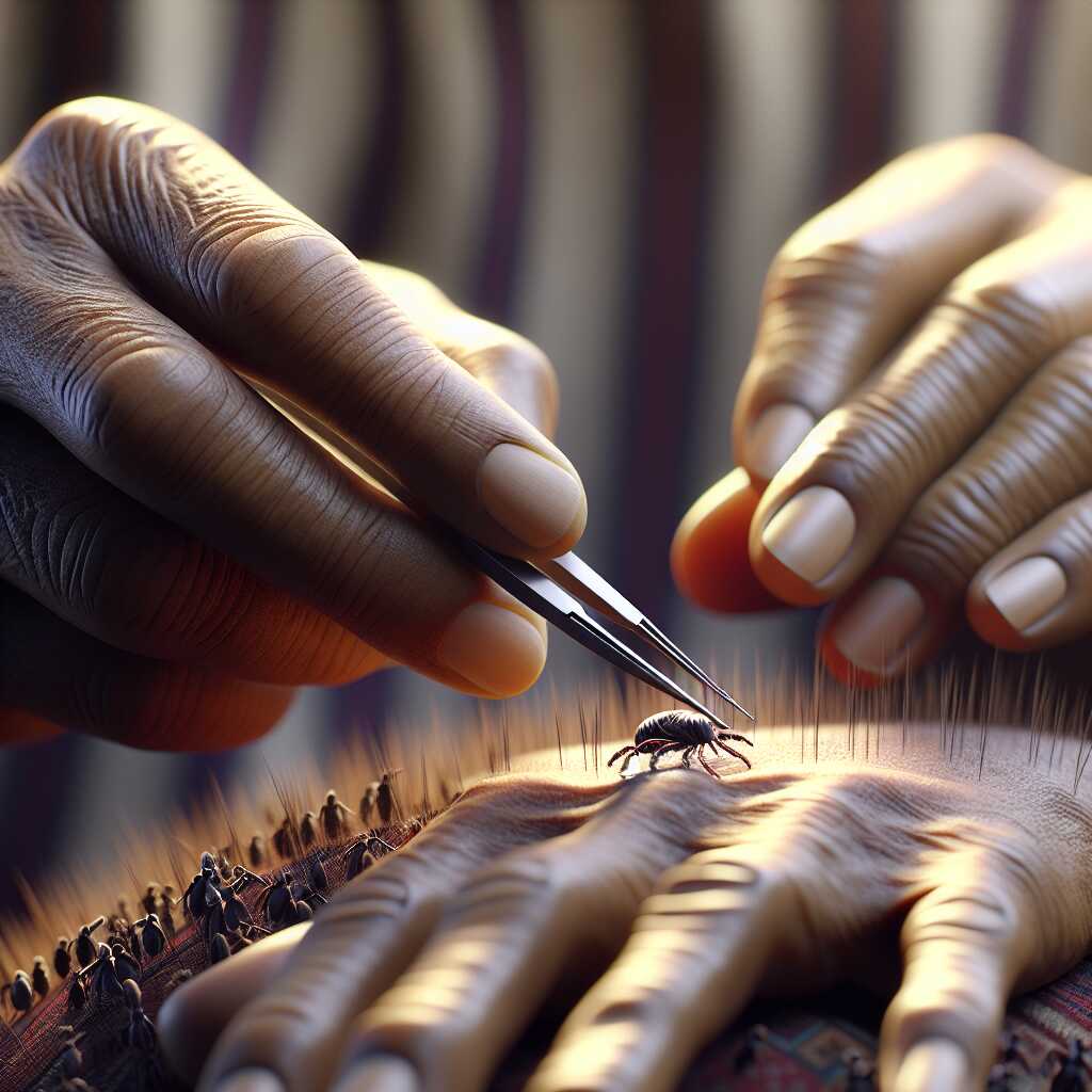 hands using pointed tweezers removing attached tick