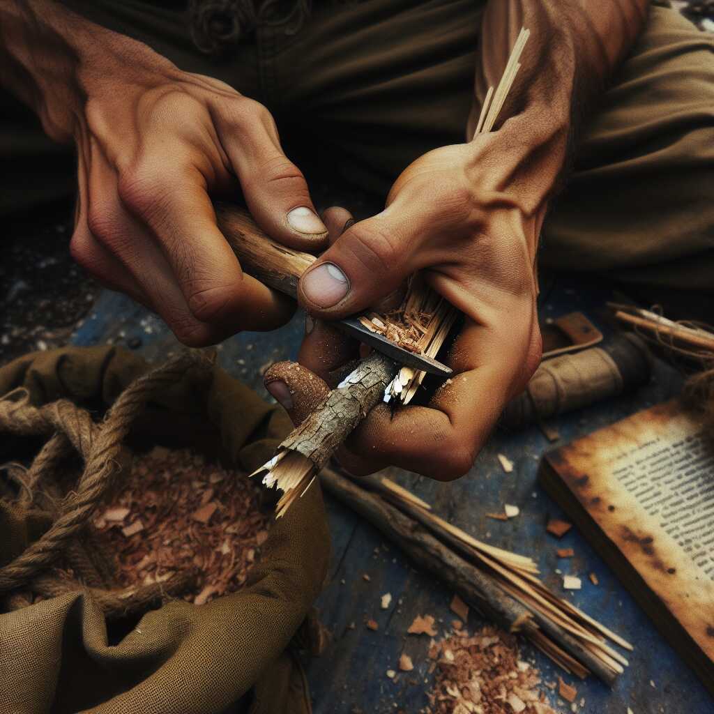 hands shaving twig to make fire tinder