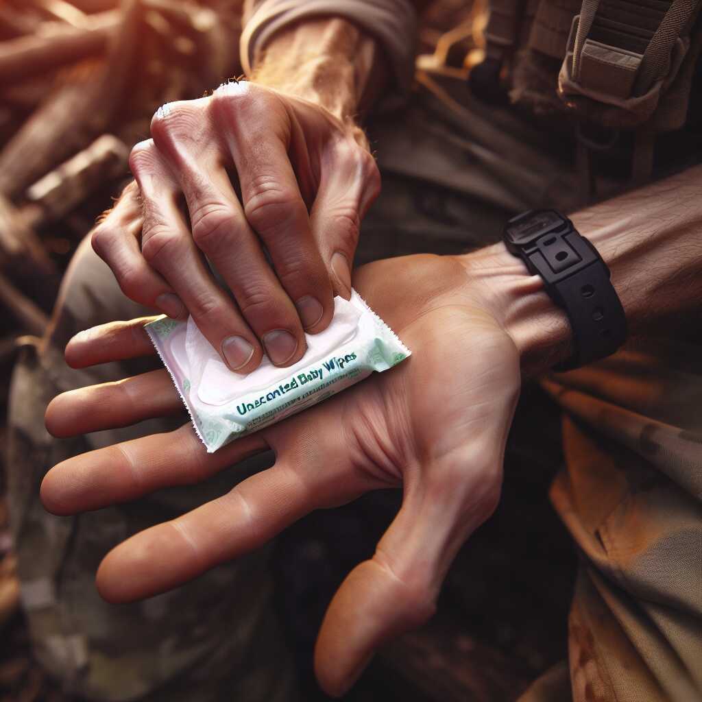 unscented baby wipes cleaning hands outdoors