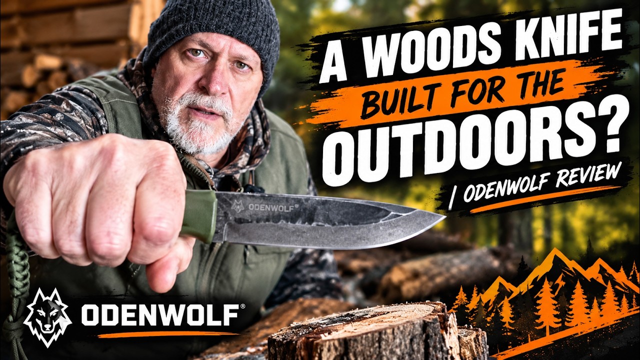 A close-up of the OdenWolf Woods Knife showing its D2 steel blade and Scandi grind geometry.