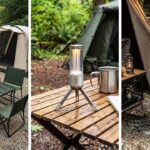 A collection of camping gear including a power station, portable stove, and folding chairs arranged at a campsite.