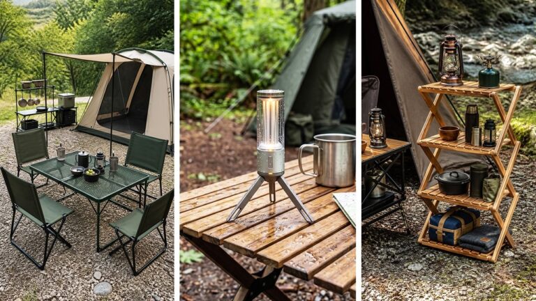 A collection of camping gear including a power station, portable stove, and folding chairs arranged at a campsite.
