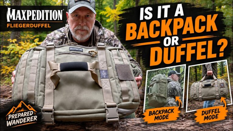 A person demonstrating the clamshell opening and internal organization of the Maxpedition Fliegerduffel.