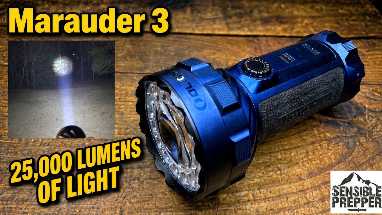 A person holding the large Olight Marauder 3 flashlight, highlighting the side toggle and front-facing lens.